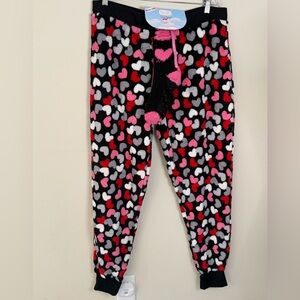 Pillow Talk fleece pajama pants black base with pink red white gray hearts SZ XL
